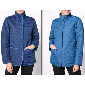 Lands' End Womens Sz XL Primaloft Reversible Quilted Barn Jacket Navy/Glen Check